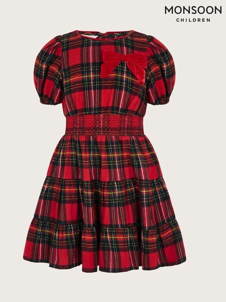 Monsoon Red Puff Sleeve Tartan 100% Cotton Dress (AK9905) | € 33 - € 38