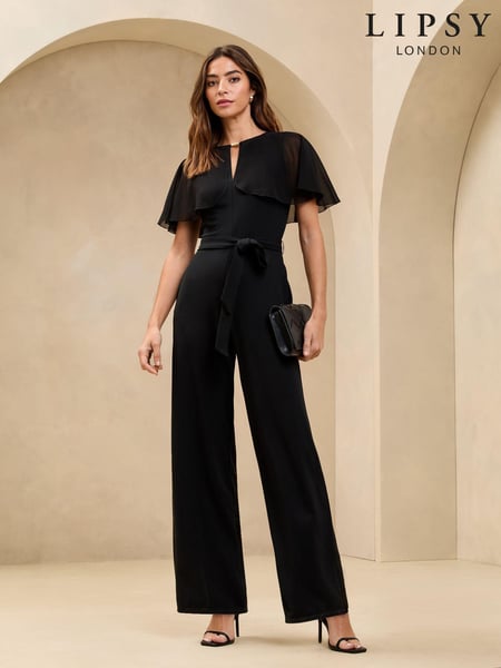 Lipsy Black Petite Chiffon Cape Sleeve Keyhole Jumpsuit (AL0367) | € 92