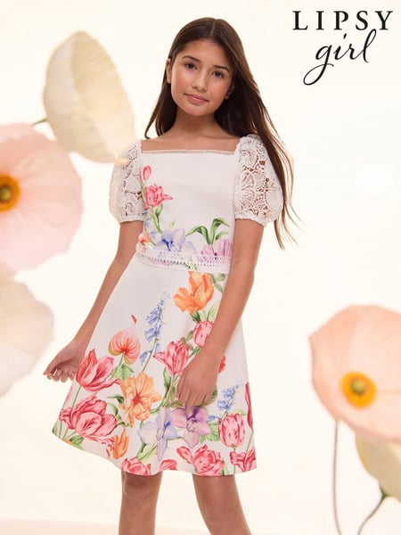 Lipsy White Lace Sleeve Occasion Dress (5-16yrs) (AL0709) | € 78 - € 90