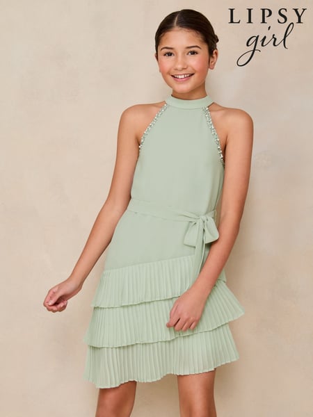 Lipsy Mint Green Halter Embellished Tiered Occasion Dress (5-16yrs) (AL0715) | € 72 - € 84