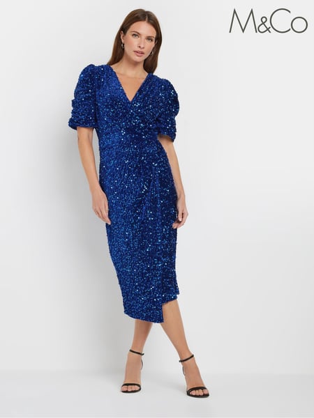 M&Co Blue Velvet Puff Sleeve Wrap Dress (AL0970) | € 42