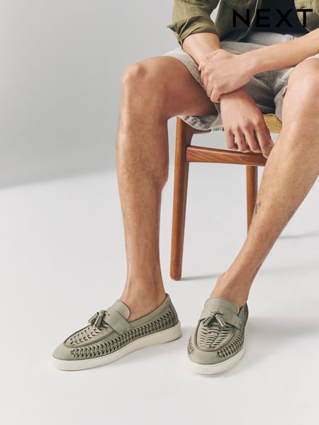 Salbeigrün - Leather Weave Cupsole Loafers (AL1362) | 75 €