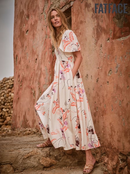 FatFace Marlowe Ivory Gathered Sleeve Printed Dress (AL1848) | € 139