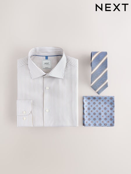 Neutral Stripe/Chambray Stripe with Pocket Square Slim Fit Shirt and Tie Pack (AL2617) | € 60