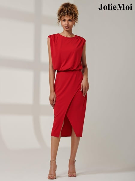 Jolie Moi Red Kira Tiered Draped Bodycon Dress (AL2793) | € 106