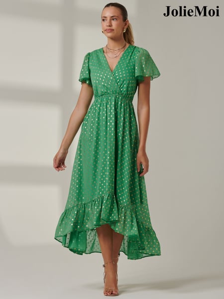 Jolie Moi Green Metallic Effect Angel Sleeve Maxi Dress (AL2805) | € 52