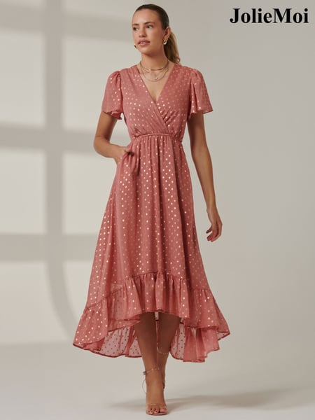Jolie Moi Pink Metallic Effect Angel Sleeve Maxi Dress (AL2812) | € 81