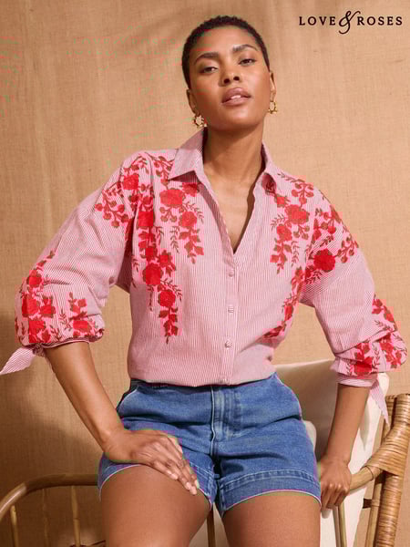 Love & Roses Red Petite Embroidered Stripe Tie Cuff Shirt (AL2815) | € 61