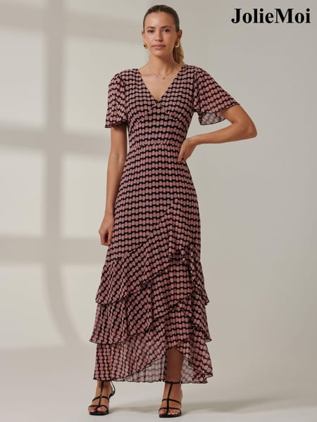 Jolie Moi Pink Geo Print Tiered Maxi Dress (AL2817) | € 133