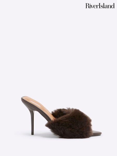 River Island Brown Faux Fur Heeled Mules (AL3119) | € 31