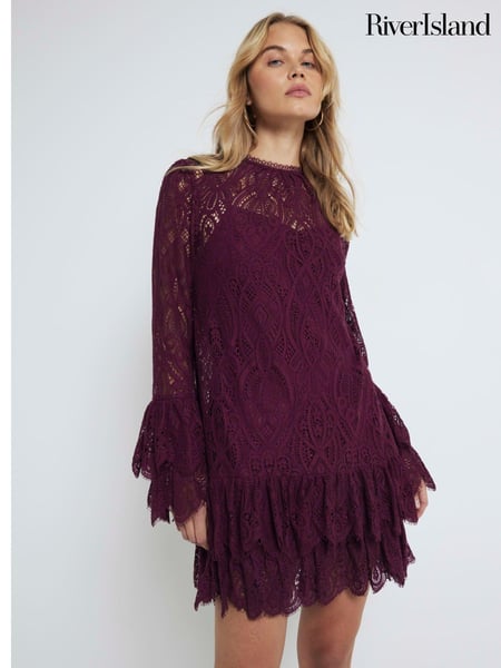 River Island Red Burgundy Lace Tiered Shift Dress (AL3158) | € 103