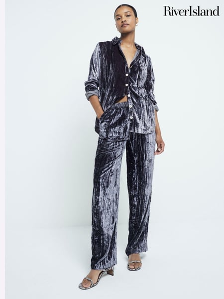 River Island Grey Velvet Wide Leg 100% Cotton Trousers (AL3173) | € 62