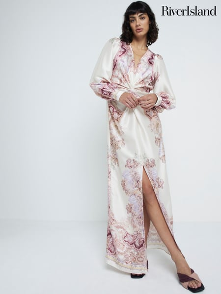 River Island Cream Twist Front Printed V Neck Maxi Dress (AL3307) | € 94