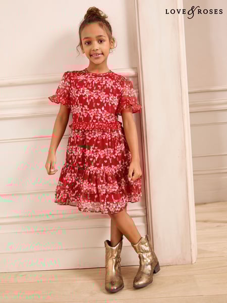 Love & Roses Red Heart Print Sparkle Chiffon Dress (5-16yrs) (AL3518) | € 62 - € 75