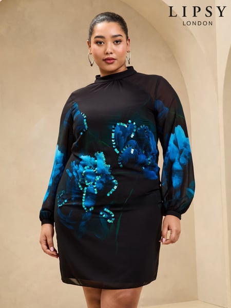 Lipsy Black Curve Sequin Floral Printed Long Sleeve Shift Mini Dress (AL3781) | € 66
