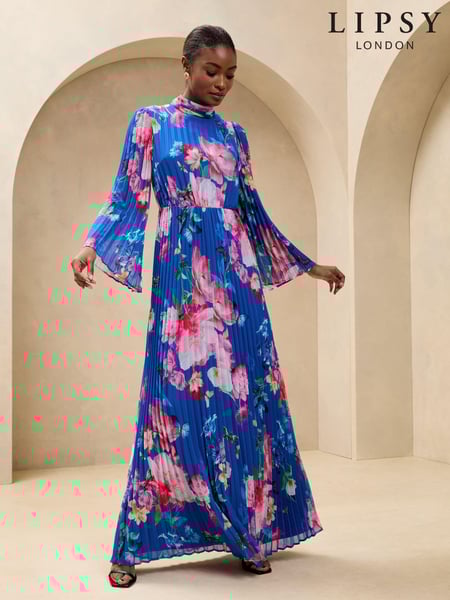 Lipsy Cobalt Blue Floral Printed High Neck Long Sleeve Pleated Maxi Dress (AL3783) | € 195