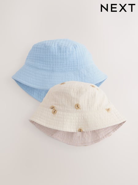 Blue/Neutral Bear Embroidered 100% Cotton Baby Bucket Hats 2 Pack (0mths-2yrs) (AL3838) | € 20