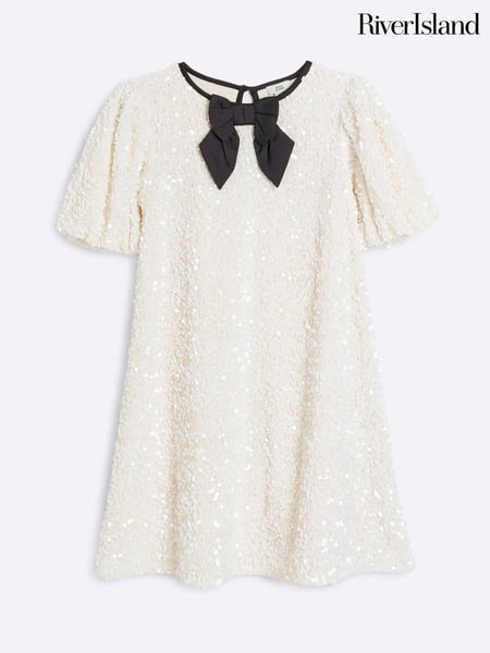 River Island Cream Girls Sequin Velour Shift Dress (AL3877) | € 32