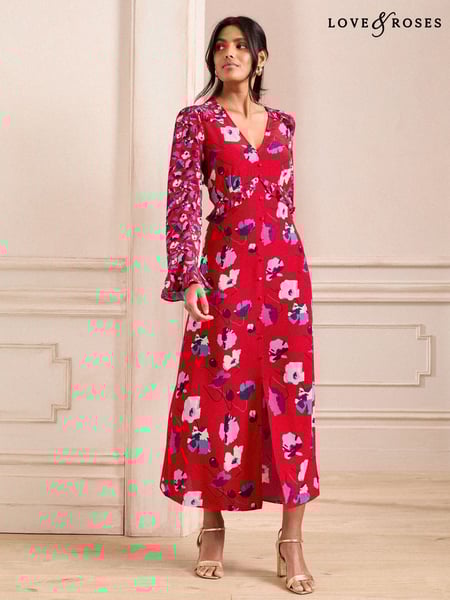 Love & Roses Red V-Neck Ruffle Midi Dress (AL3997) | € 101