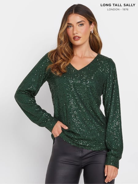 Long Tall Sally Green Sequin V-Neck Long Sleeve Top (AL4013) | € 36