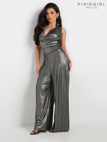 PixieGirl Petite Silver Halter Cowl Wide Leg Jumpsuit (AL4033) | € 62