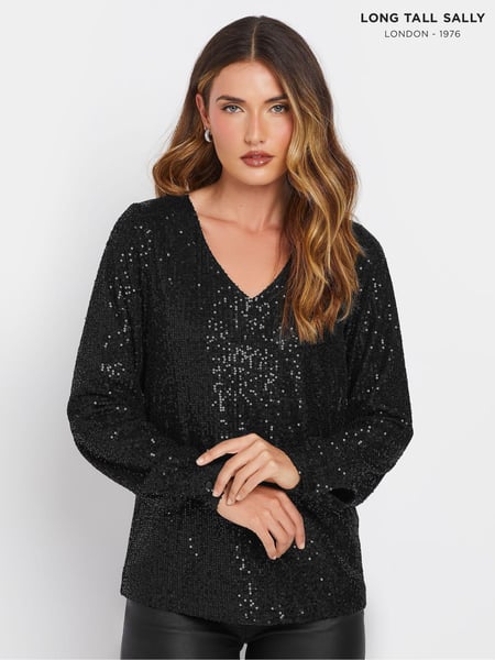 Long Tall Sally Black Sequin V-Neck Long Sleeve Top (AL4035) | € 36