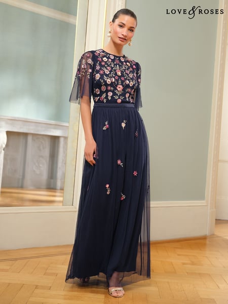 Love & Roses Navy Embroidered Angel Sleeve Maxi Dress (AL4537) | € 232
