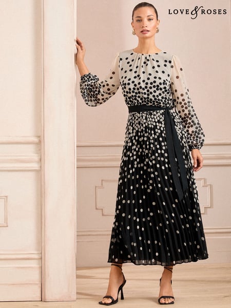 Love & Roses Black/White Mono Spot Pleated Midi Dress (AL4542) | € 123