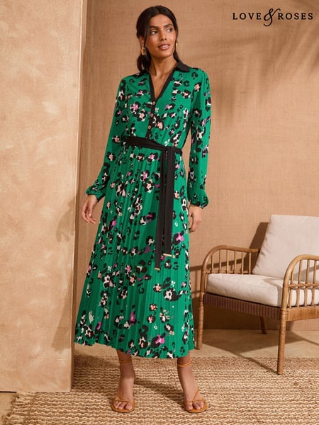 Love & Roses Green Animal Petite Jersey Pleated Long Sleeve Midi Dress (AL4547) | € 87