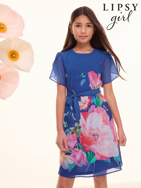 Lipsy Cobalt Blue Floral Petal Sleeve Chiffon Dress (4-16yrs) (AL4932) | € 56 - € 69