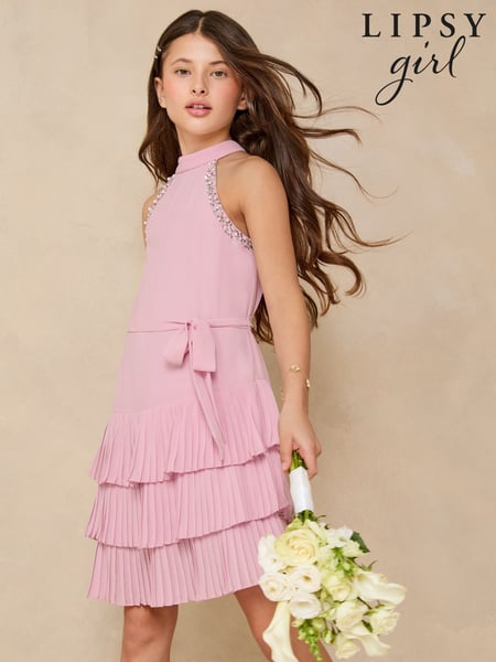 Lipsy Pink Halter Embellished Tiered Occasion Dress (5-16yrs) (AL4933) | € 73 - € 86
