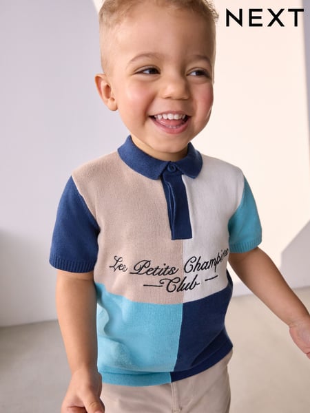 Blue/Ecru 100% Cotton Hotchpotch Short Sleeve Knitted Polo Shirt (3mths-7yrs) (AL5123) | € 18 - € 21