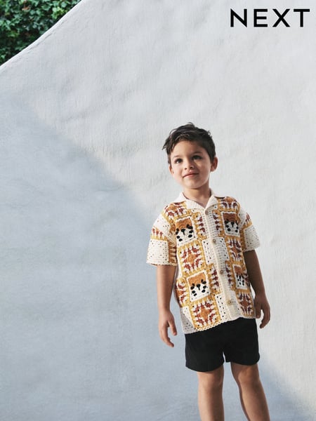 Orange/Neutral Tiger Crochet Revere Collar Short Sleeve Knitted Polo Shirt (3mths-7yrs) (AL5124) | € 26 - € 28