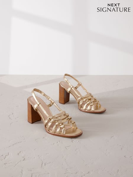 Gold Signature Premium Leather Square Toe Cage Slingback Block Heel Sandals (AL5344) | € 109