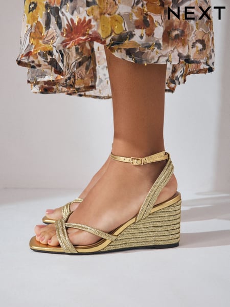Gold Forever Comfort® Square Toe Strappy Espadrille Wedges (AL5784) | € 61