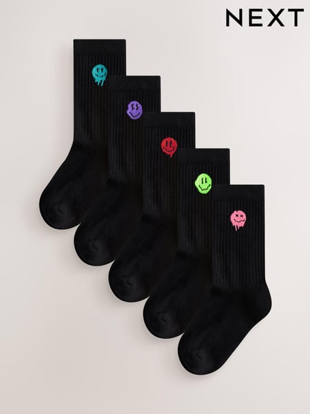 Black Smiley Cushioned Footbed Cotton Rich Ribbed Socks 5 Pack (AL5797) | € 12 - € 13
