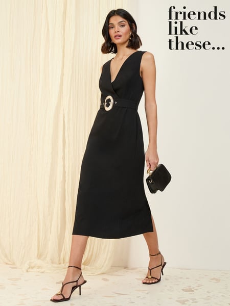 Friends Like These Black Linen Blend Midi Wrap Front Dress (AL6808) | € 90