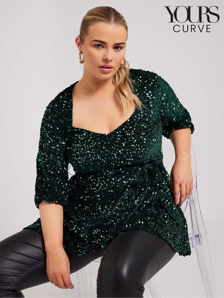 Yours Curve Green London Sequin Velvet Peplum Top (AL6876) | € 44