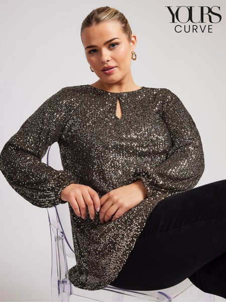 Yours Curve Gold London Sequin Keyhole Bellow Sleeve Top (AL6933) | € 39