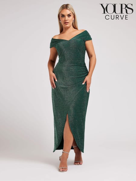 Yours Curve Green London Metallic Bardot Gathered Wrap Dress (AL6984) | € 115