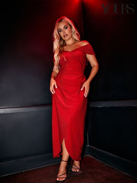 Yours Curve Red London Metallic Bardot Gathered Wrap Dress (AL7007) | € 115