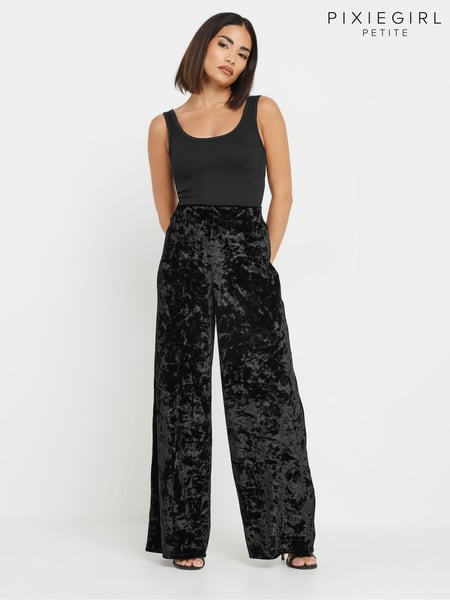 PixieGirl Petite Black Crushed Velour Wide Leg Trousers (AL7026) | € 53
