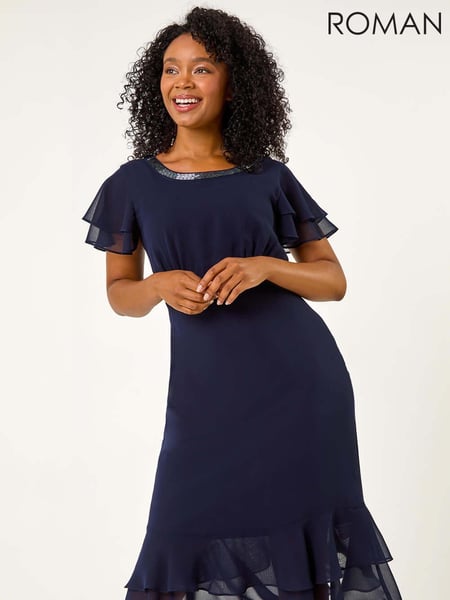 Roman Blue Petite Double Frill Midi Dress (AL7068) | € 97