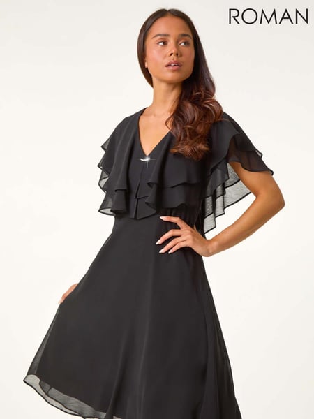 Roman Black Petite V-Neck Flare Trim Detail Cape Dress (AL7245) | € 97