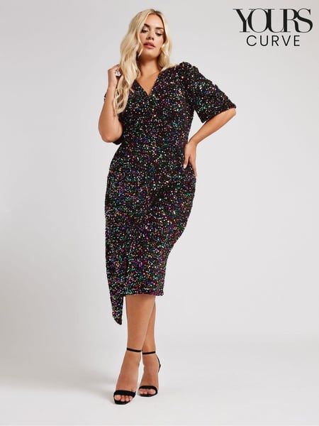 Yours Curve Black Rainbow London Sequin Velvet Puff Sleeve Wrap Dress (AL7707) | € 47