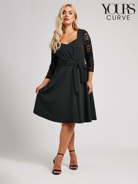 Yours Curve Black London Sequin Lace Sleeve Skater Dress (AL7724) | € 42