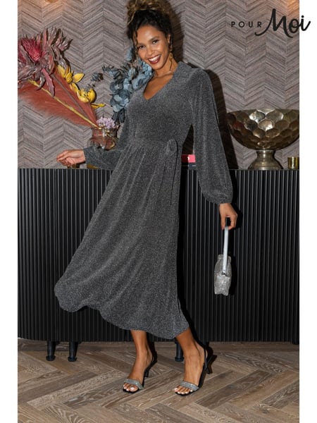 Pour Moi Silver Emily Sparkle V-Neck Tie Waist Midi Dress (AL7756) | € 92