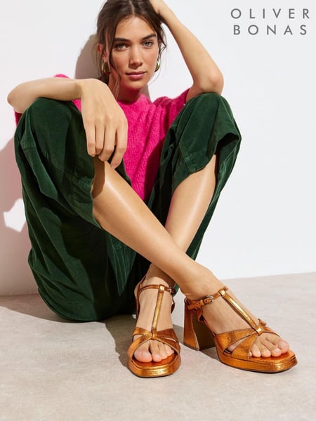 Oliver Bonas Orange Metallic T-Bar Flared Heeled Sandals (AL8036) | € 74