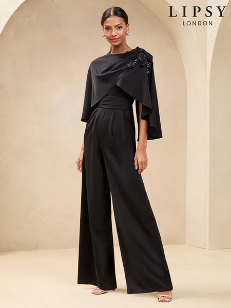 Lipsy Black Embellished Floral Trim Cape Jumpsuit (AL8304) | € 218