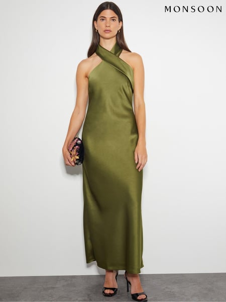 Monsoon Green Jodie Halter Satin Maxi Dress (AL8605) | € 86